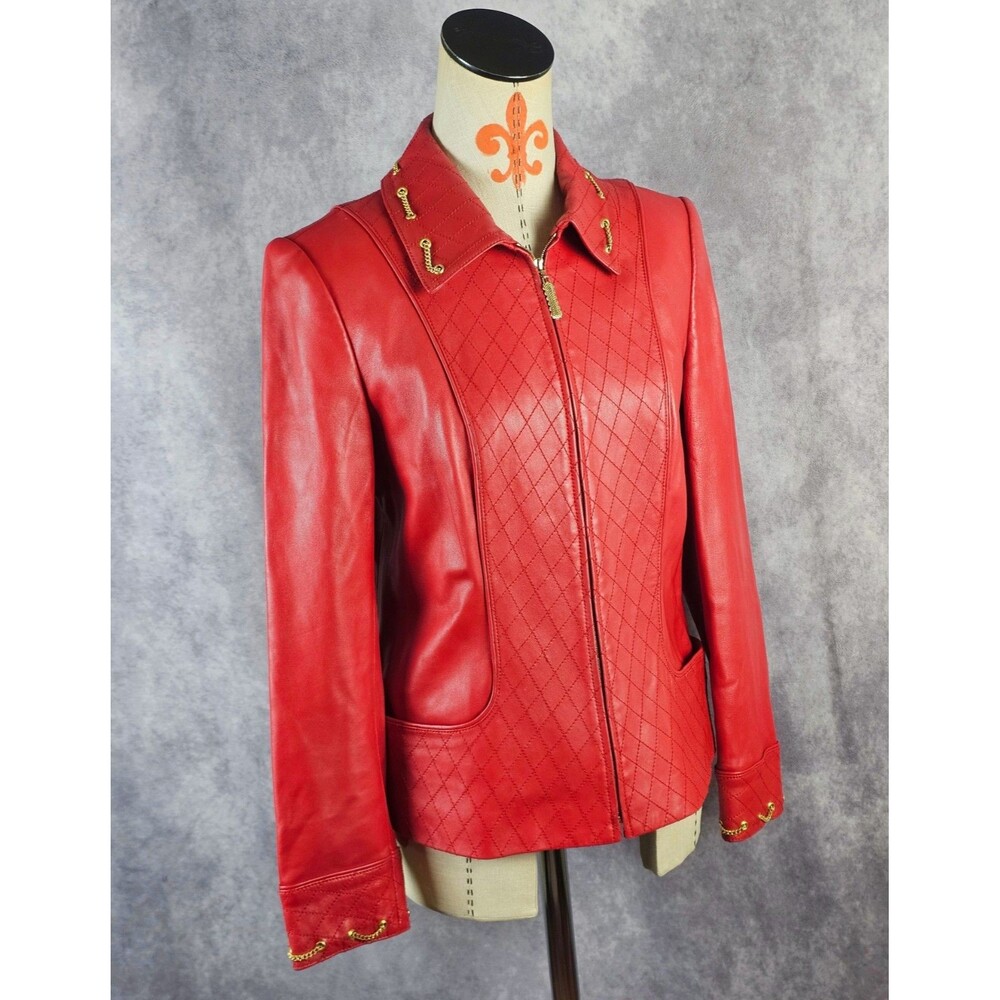 VTG St. John Sport Lamb Leather Jacket Quilyed Gold Chain Accent Red Womens S